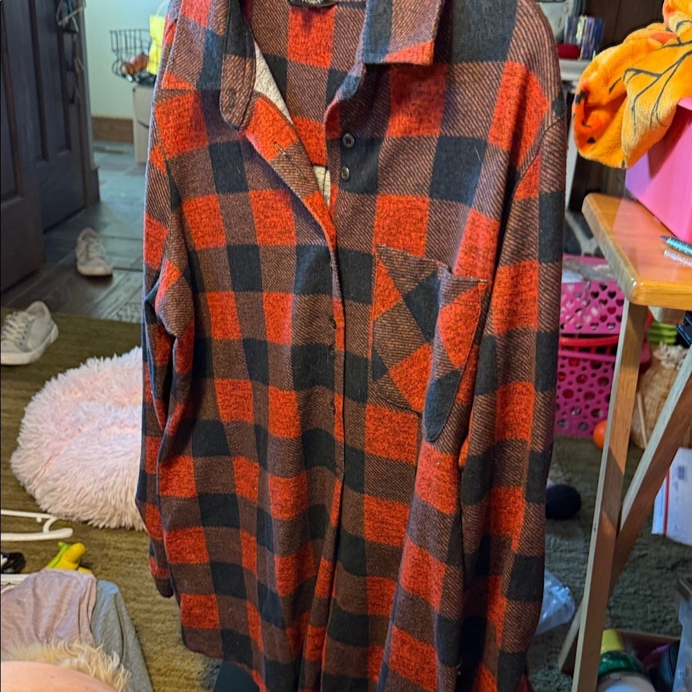 Orange and Black Plaid Button-Up Shirt​